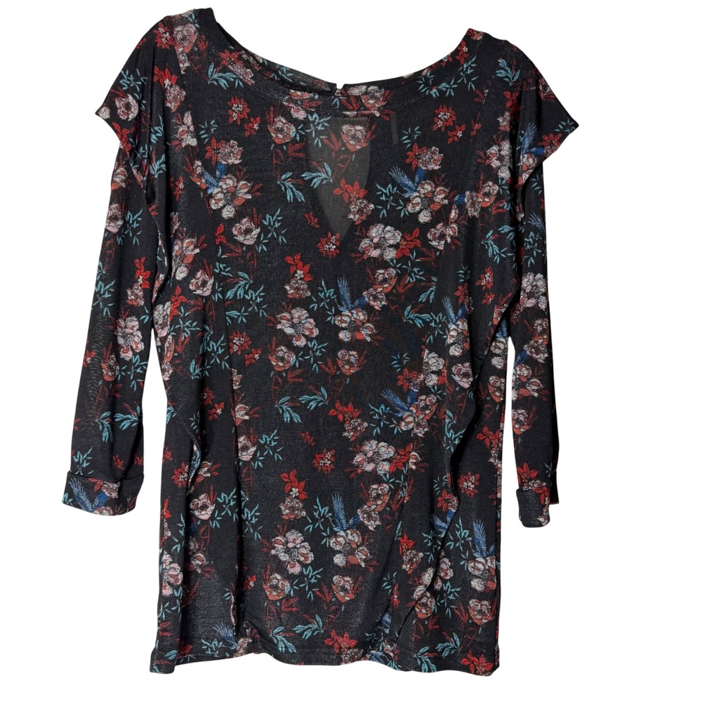 Free People Black Floral Mesh Keyhole Long‎ Sleeve Top Womens Medium Whimsigoth